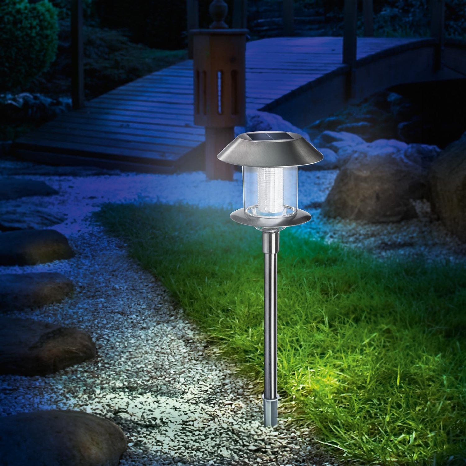 LED Edelstahl Solar Leuchte Garten Party Steck Außen Beleuchtung Glühbirne Blau